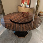 Round Dining Table with High-Gloss Geometric Wood Veneer and Integrated Rotating Tray